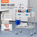VEVOR Lab Serving Cart Utility Cart Stainless Steel Medical Cart with Two Drawers for lab Equipment Use Grade I Stainless Steel Utility Services (2 Shelves/ 2 Drawer)