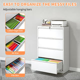 Gecheer 4 Drawer Lateral File Cabinet with Lock, White Metal Filing Cabinet for Home Office, Lockable Steel File Cabinet for Legal Letter A4 F4 Size, Heavy Duty Storage Cabinet with Smooth Slides