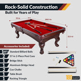 Hathaway Augusta 8 Foot Pool Table with Complete Accessories – Classic Full Size Billiard Table for Home Use – Classic Ball and Claw Legs, Inlaid Sights, K-66 Cushions – Mahogany Finish with Red Felt
