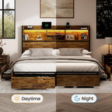 BRELTAM King Storage Bed Frame with 6 Drawers, USB Charging Station, No Noise, No Box Spring Required, Vintage Brown Headboard Platform Bed