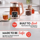 Gourmia Electric Glass Kettle – 1.7L Programmable Tea & Coffee Brewer with Digital Touch Display, 6 Presets, Removable Stainless Steel Infuser, Cordless with 360° Swivel Base, Peach