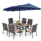 PHI VILLA 7pc Patio Dining Set with Umbrella, Wood-top Table, Rattan Chairs