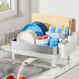Ewaiira Dish Drying Rack, 304 Stainless Steel Dish Racks for Kitchen Counter, Dish Drainers with Automatic Drainage, Utensil Holder & Cups Holder, Space Saving Kitchen Organizer, White