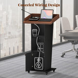 Podium Stand with Metal Wheels, Wooden Pulpit with 15° Tilted Desktop and Storage Cabinet, Built-in Cable Hole Lectern Desk