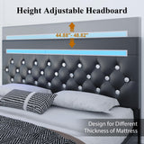 Holiway Full Size Bed Frame with LED Lights & Charging Station, Faux Leather Upholstered Platform Bed, Adjustable Crystal Button Headboard, Solid Wood Slats, No Box Spring Needed, Black