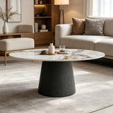 Ownkoti Modern Round Coffee Table, 43.3" Stone Top Wood Pedestal, Pandora+Black