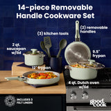 GoodCook Ceramic Cookware Set 14-Piece with Removable Handles, Nonstick Pots & Pans, Induction & Oven Safe, Sage Green