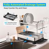 SUNLY 2 Tier Dish Drying Rack, Extra Large Dish Rack, Multifunctional Large Dish Drainers for Kitchen Counter, 304 Stainless Steel Kitchen Drying Rack, Bowl Drying Rack, Extendable Drain Spout, Black
