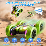 Zalneo Remote Control Car – 4WD 360° Flip Double‑Sided RC Stunt Car LED Light Bar & USB‑C Modular Battery, Off‑Road Toys for Boys Ages 6‑12, Birthday Gift, Black‑Green