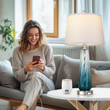 Glass Table Lamps for Living Room, Modern Bedside Lamps with USB A+C Ports, 3-Way Dimmable Touch Control Nightstand Lamp with White Linen Shade, 27.5" Large Lamps for Bedrooms Decor, Teal, 1 Pack