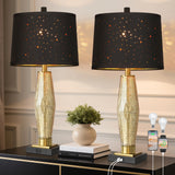 QiMH Glass Table Lamps for Bedroom Set of 2, Modern Beside Lamp with USB A+C Charging Ports, Nightstand Lamps for Living Room with Black Star Lampshade, Rotary Switches, Black Gold