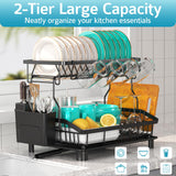 Ricobes Dish Drying Rack - 2 Tier Large Capacity Dish Rack- Dish Racks for Kitchen Counter with Drainboard, Black