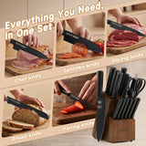OOU Kitchen Knife Block Set - 15 Pieces High Carbon Stainless Steel Chef Knife Sets, Anti-Rust Black Knives Set with Built-in Sharpener Block, Brown