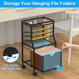 BOHDK Rolling File Cart, 6-Tier Under Desk Organizer on Lockable Wheels, Brown Wood Planks & Mesh File Cart with Sliding Drawer and Paper Trays for Office Home School, 14.8" L x 11.8" D x 27.7" H BOHDK