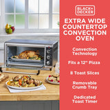 BLACK+DECKER TO3250XSBD 8-Slice Extra Wide Convection Countertop Toaster Oven, Includes Bake Pan, Broil Rack & Toasting Rack, Stainless Steel/Black