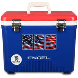 Engel UC19-RWB 19 Quart Fishing Live Bait Dry Box Ice Cooler with Stain/Odor-Resistant Surface and Shoulder Strap, USE Red, White and Blue with American Flag