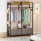 Tribesigns Freestanding Closet Organizer for Hanging Clothes, Heavy Duty Garment Rack with 4 Drawers, 8 Hooks and Storage Shelves, Wardrobe Closet Clothing Rack for Bedroom, Living Room, Grey