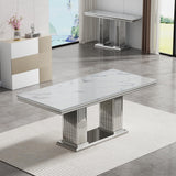 Maotifeys White Marble Dining Table for 6 Modern Luxury Faux Marble Kitchen Table for 4-6,68" Large Dining Room Tables with Columnar-Shape Silver Stainless Steel Base