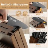 OOU Kitchen Knife Block Set - 15 Pieces High Carbon Stainless Steel Chef Knife Sets, Anti-Rust Black Knives Set with Built-in Sharpener Block, Brown