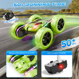 Zalneo Remote Control Car – 4WD 360° Flip Double‑Sided RC Stunt Car LED Light Bar & USB‑C Modular Battery, Off‑Road Toys for Boys Ages 6‑12, Birthday Gift, Black‑Green