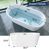67 Inch Acrylic Freestanding Bathtub, Deep Soaking Tub with Non-Slip Base, CUPC Certified Free Standing Tub, Chrome Drain Bath Tub, Modern Tub for Bathrooms, White