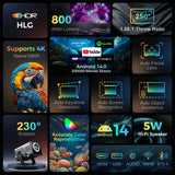 【Native 1080P & 800ANSI High Brightness】 Portable Projector with WiFi and Bluetooth,Smart Projector With AI Visual Calibration,230° Rotation,4K Projector Supports HDMI/USB/AUDIO