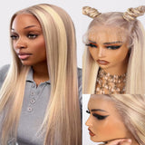 OiMiGO 30In Long Straight HD Lace Front Human Hair Wig, 13 * 4 Strawberry Blonde Mixed Platinum Blonde Ombre Highlight Lace 100% Remy Virgin Hair, Glueless Pre Plucked with Baby Hair Natural Hairline