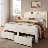 nesture. Queen Storage Bed Frame, Upholstered Platform Bed with 2 Drawers, Velvet Vertical Tufted Headboard with LED Lights & Charging Station, Wooden Slats Support, No Box Spring Needed, Off-White