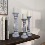 Deco 79 Wooden Decorative Candle Holder Distressed Turned Candle Stand, Set of 3 Candlestick Holder 15", 13", 11"H, Gray