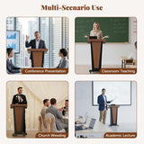 Podium Stand with Metal Wheels, Wooden Pulpit with 15° Tilted Desktop and Storage Cabinet, Built-in Cable Hole Lectern Desk