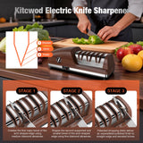 Replaceable Sharpener Electric Knife Sharpener, 3-Stage with 100% Diamond Abrasives & Precision Angle Guides, Kitchen Knife Sharpener with Sharpening and Polishing Function (Dark oak wood grain)