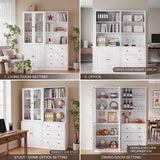 TUSY 71" H Bookshelf with Storage, 6-Tier Modern Bookshelves with 3 Large Drawer, Display Bookcase with Glass Doors, Modern 5-Tier Curio Cabinet for Home Office, Dining Room (White, AB)