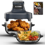 BLATOMIC 6-in-1 Glass Air Fryer Combo, 1500W High Power Countertop Oven with 2.6Qt & 4.7Qt Interchangeable Glass Bowls, Non-Toxic Ceramic Crisper, LED Display, Ideal for Meal Prep & Gifting, Iron Blue