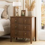 Apetaccat Night Stand, Fluted 3 Drawer Wide Farmhouse Nightstand with Gold Handle, Larger Wider Modern Bedside End Table for Bedroom, Living Room, Walnut