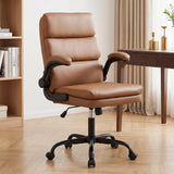 BOWTHY Mid Back Office Desk Chair,Leather Conference Room Chairs,Ergonomic Home Computer Chair,Modern Executive Chair with Padded Flip-up Armrest and Swivel Wheels (Brown)