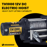 Novawinch TH1000 Electric Hoist 1000 lb - 12V DC Power Hoist with Mechanical Brake - Cable Hoist with Plug in Remote Control - Vertical or Horizontal Mount Lifting System for Material Handling