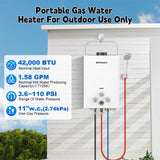 Syfuulv Propane Tankless Water Heater Outdoor, 1.58 GPM Portable Water Heater Instant Hot, 41,000 BTU, LED Digital Display, Overheating Protection, Camping, RV, Cabin, Barn, White 6L