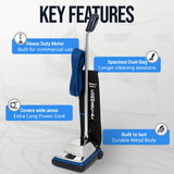 12" Commercial Vacuum Cleaner with Shake Out Bag, XL Vac for Carpets & Hard Floors, Lightweight with Chrome Hood, Automatic Height Adjustment & High-Speed Brush Roll