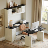 L Shaped Executive Standing Desk with Hutch and Storage Cabinet, Farmhouse Standing Desk with Charging Station