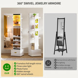 Lvifur 360° Swivel Jewelry Cabinet with Light and Side Sliding Door for Bedroom White,Standing Jewelry Armoires with Full Length Mirror&3 Photo Frames&Drawer&Movable Wheels for Cloakroom,Dressing Room