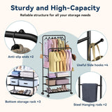 Whitmor Double Rod Clothes Rack: Metal Rolling Clothing Racks for Hanging Clothes, Heavy Duty Garment Rack with 3 Shelves, Portable Clothes Organizer for Bedroom, Laundry, Living Room, Black