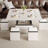 TreLined Lift Top Coffee Table with 4 Storage Stools, Rising Tabletop Center Tables, Expandable Dining Tables with Compartment and Drawer, Modern Office Desk End Table, White, 47.24" L
