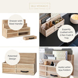 BLU MONACO | Natural Wood Mail Organizer with Drawer & Pen Holder | Rustic Desk Organizer for Bills, Letters & Countertop Storage | Wooden Desktop Mail Sorter for Home & Kitchen
