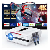 4K Smart Projector, 2400 ANSI, AI MEMC, WiFi 6, AI-PQ Auto Focus & Keystone, HDMI 2.1, 70W Dolby Audio, Home Theater Karaoke Projector with Dual Mics, Low Noise for Gaming, Party & Outdoor Camping