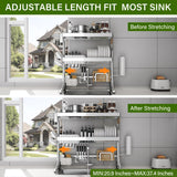 CUISIBOT Over The Sink Dish Drainer Drying Rack 3 Tier, Full Stainless Steel Dish Drying Rack Adjustable Length 20.9''-37.4'', Kitchen Sink Shelf, Organized Space-Saving Dish Rack