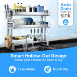 ANUMITRA Over Sink Dish Drying Rack – Stainless Steel 3-Tier 33.5 in Dish Drainer Rack, Space-Saving Kitchen Sink Organizer with Plate & Bowl Holders, Cutting Board Rack, Utensil Cup, Adjustable Feet