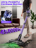 Cordless Vacuum Cleaner, 10 in 1 Stick Vacuum with Powerful Suction, Hose, Green LED Light, Anti-Tangle Brush, Lightweight Rechargeable Vacuum Cleaner for Home, Hardwood Floors,Pet Hair (Purple)
