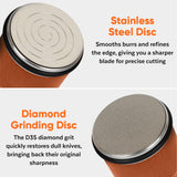 Rolling Knife Sharpener Kit – Magnetic Manual Knife Sharpener with Diamond & Stainless Steel Discs, Two Extra Discs, Leather Strop & Stand, 15° & 20° Angle Guides, Gift Set for Chefs & Home Cooks