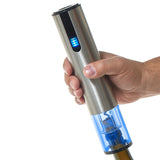 Wine Enthusiast 2-in-1 Electric Blue Automatic Wine Bottle Opener and Preserver Set – Fully Electric Corkscrew with Charging Station – Seal Bottle with Vacuum Stopper (7 Piece Set)