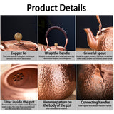 Copper Tea Kettle for Stovetop: Handmade Solid Copper Pot without Coating, Extra Thick Stove Top Tea Kettle Teapot, Hammered Teapot for Stovetop (1200ML)